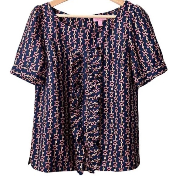 Lilly Pulitzer 100% Silk Blouse Blue Pink Chain Equestrian Womens Size 4 - Picture 1 of 7